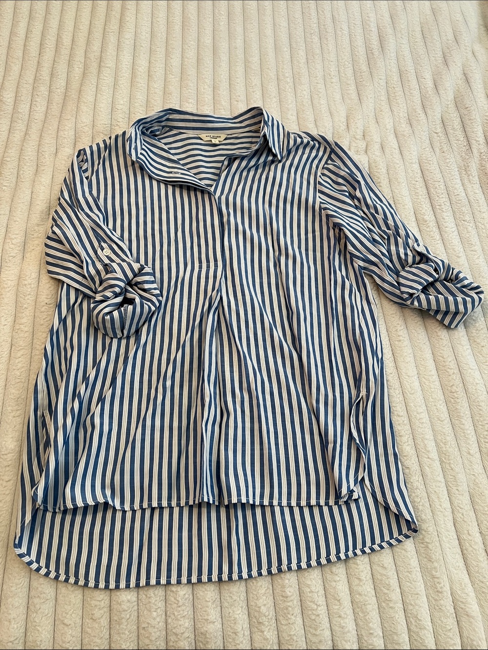 Max Studio Navy and White Striped Button-Up Tunic